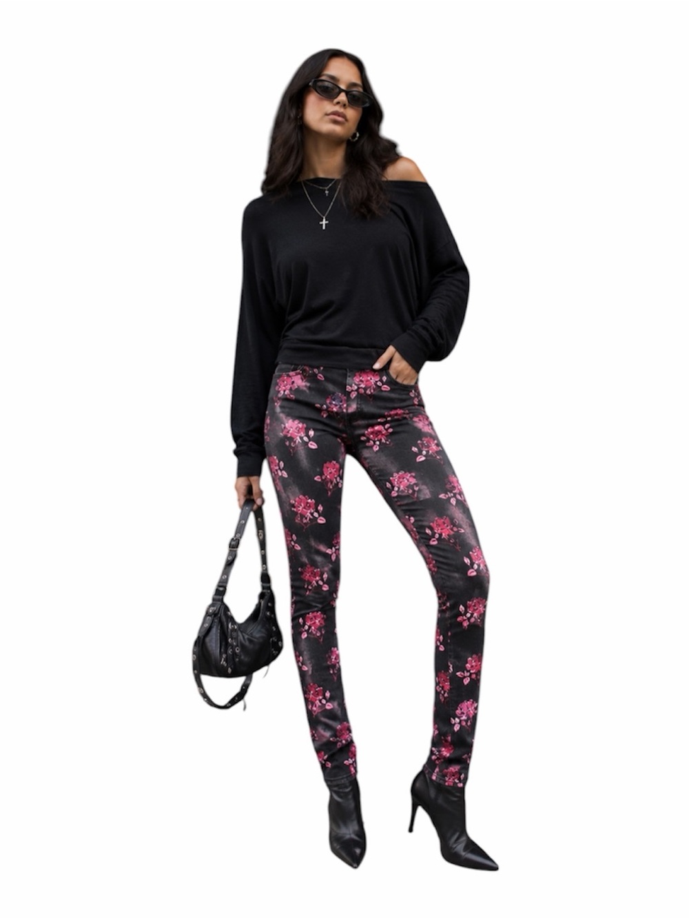 Faded Glory Black Skinny Jeggings with Pink Rose Print